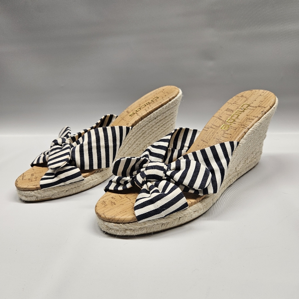 Chicos Wegde Heels Open Toe Espadrille Nautical Canvas Bow Blue Off White Womens